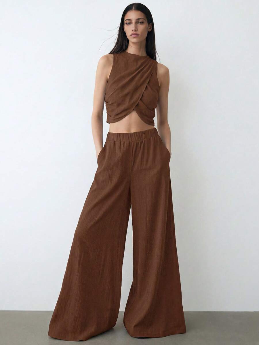 Cloudara Chic Simplicity: Round Neck Draped Crop Top And Matching Bottoms Set - Brown - View 1