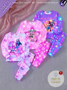 女童春/秋夢幻霓虹粉紫色螢光星星印花UV光感夜光修身居家服套裝，圓領長袖上衣與錐形長褲，修身剪裁，甜酷圖案，針織彈性面料，柔軟舒適2件式睡衣套裝 - 彩色 - 查看 4