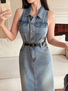DAZY Autumn Winter Summer Sleeveless Collared Waist-Cinching Elegant Women's Denim Dress - Blue - View 6