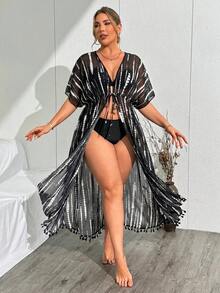 Swim Lushoire 夏季海灘度假流蘇裝飾大尺碼女款紮染和服式開襟衫 - 黑與白 - 查看 5