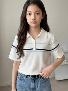 DAZY 基本領條紋對比色短袖上衣 青少年女孩 T恤 - 米色 - 查看 5