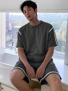 DAZY 男士灰色短袖上衣與短褲家居服套裝 夏季睡衣 - 灰色 - 查看 6