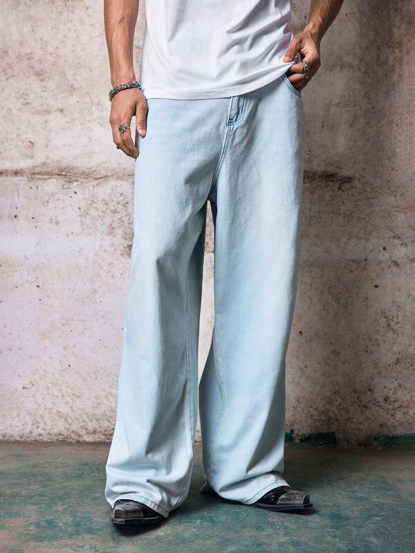 Skyrend Men's Light Blue Washed Loose Baggy Wide Leg Jeans, Plain Denim Long Oversize Cargo Jeans, For Husband, Boyfriend Gifts Hang Out Street Sport College