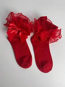 ROMWE Kawaii Women's Contrast Mesh Ruffle Trim Mid-Calf Socks - Big red A68 - View 4