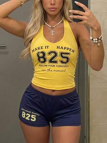 SHEIN Sparklyn 青少年女孩 2件組 825 印花掛脖上衣短褲迷你套裝，夏季黃色無袖上衣搭配黑色短褲，休閒街頭風穿搭 - 黃色 - 查看 3