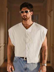 SIGLOCORE Men's Solid Color V-Neck Casual Versatile Daily Wear Top - White - View 4
