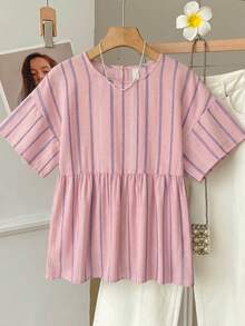 SHEIN EZwear 女款圓領條紋百褶休閒日常穿著襯衫 - 彩色 - 查看 3