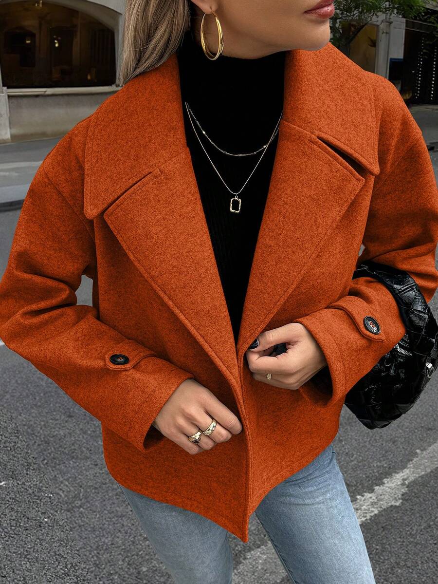 Struktiv Women's Large Lapel Decorative Button Long Sleeve Wool - Burnt Orange - View 1