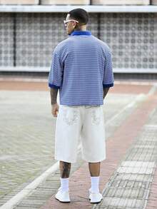 Devon Thys 休闲时尚男士条纹印花复古短袖T恤，春夏款 - 藍白色 - 查看 5