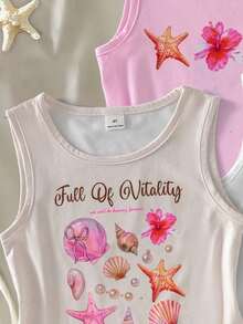 3pcs/Set Young Girl' Fashion Hibiscus & Shell Print Camisole,Halter Top,Beachweekend,Get Nautical,Island Style, - Multicolor - View 3