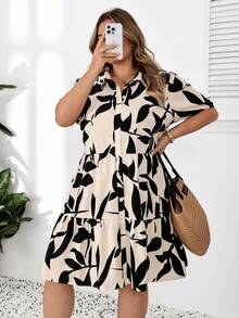 SHEIN CURVE+ 大尺碼US22音樂節海邊度假波希米亞風女款花卉豹紋短澎澎袖單排扣時尚襯衫洋裝 - 彩色 - 查看 5