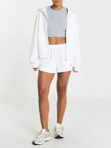 11SKNDS Cropped Zip-Up Hoodie With Oversized Relaxed Fit, Ribbed Hem, Soft Fleece, Casual Everyday Layering Essential For Fall Winter - White - View 4
