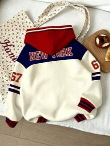 (1件) 女孩清新時尚休閒極簡風 New York 67 圖標五角星條紋米色與海軍藍拼接基礎運動衫 - 彩色 - 查看 2