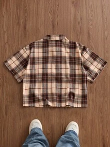 SWAVVY 春夏男士拼接燈芯絨短袖襯衫 - 棕色 - 查看 3