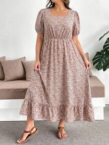 SHEIN CURVE+ Plus Size Women Vacation Floral Print Puff Sleeve Casual Dress - Pink - View 6
