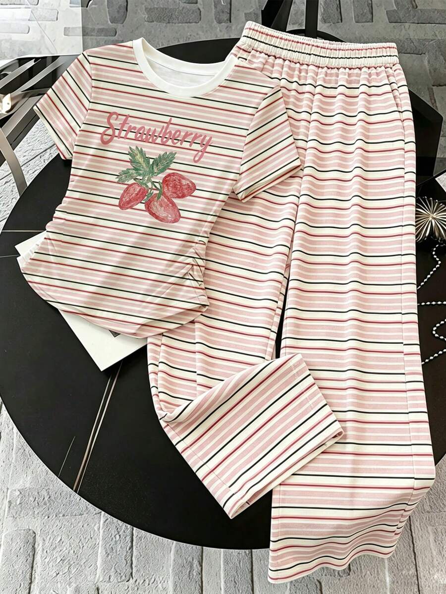 SHEIN 青少年女孩粉黑條紋滿版印花套裝，草莓圖案印花T恤套裝，休閒百搭四季穿著，經典條紋粉色、綠色、白色、紅色 - 彩色 - 查看 1