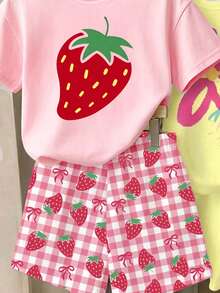 Elladie kids (Patrón aleatorio, 1 set aleatorio) Conjunto de camiseta corta básica y pantalones cortos con estampado de salpicaduras minimalistas, flores coloridas y fresas para niñas, uso diario de verano - Multicolor - Ver 5