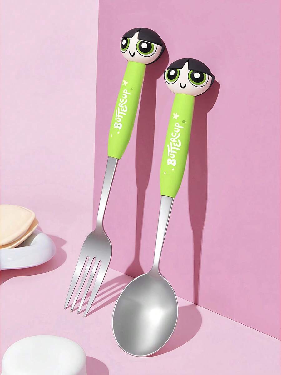THE POWERPUFF GIRLS X SHEIN 1件/2件裝 可愛卡通心形銀色餐具 湯匙與叉子套組 餐具 情人節禮物 - 綠色 - 查看 1