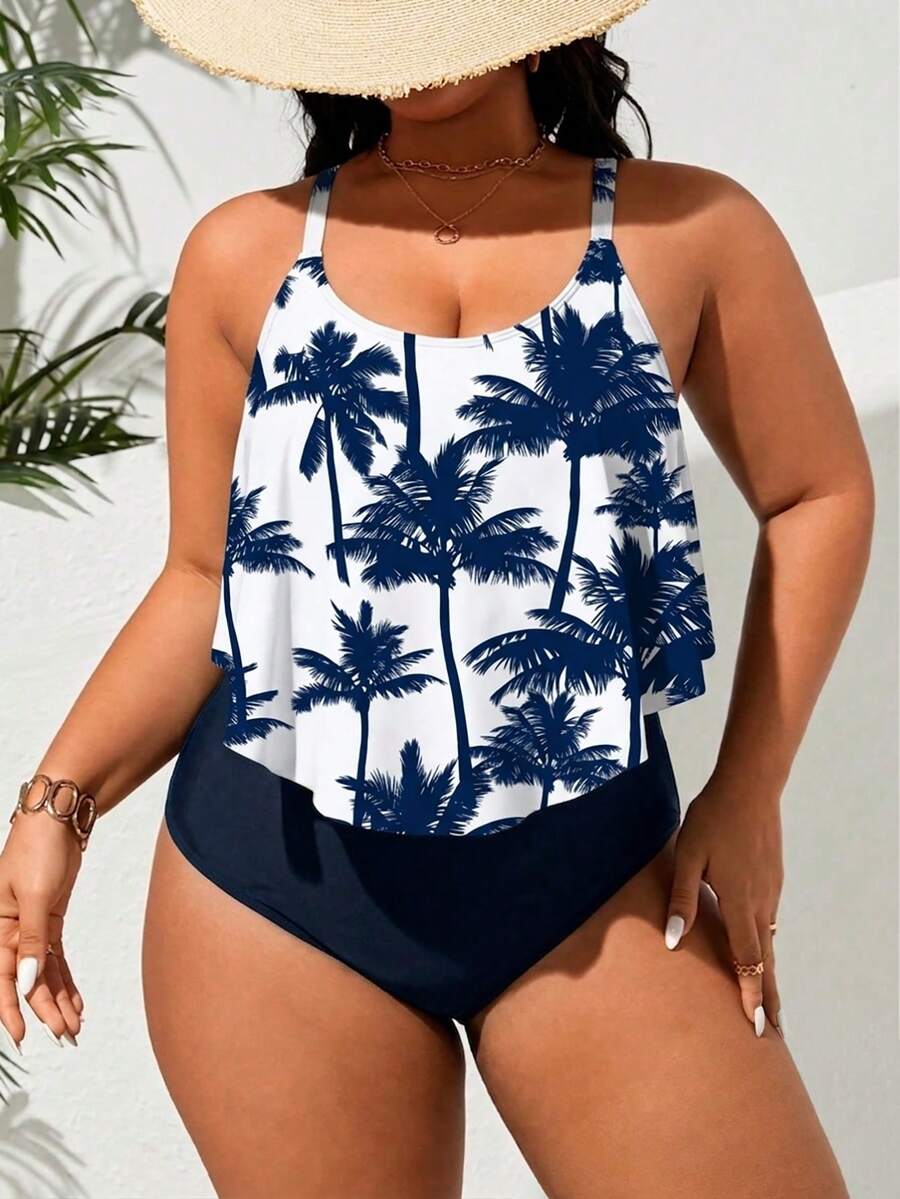 SHEIN Swim Curve 大尺碼女款椰子樹印花連身泳衣，適合海灘度假、泳池派對、海灘派對，海軍藍夏季熱帶風
