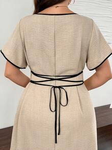 SHEIN LUNE Plus Size Colorblock Trim Lace-Up Waist Dress - Khaki - View 6