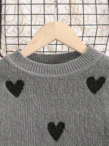 SHEIN 青少年女孩圖案落肩圓領毛衣與純黑百褶裙兩件套，適合日常穿著、返校、休閒場合，秋冬日常穿搭 - 灰色 - 查看 3