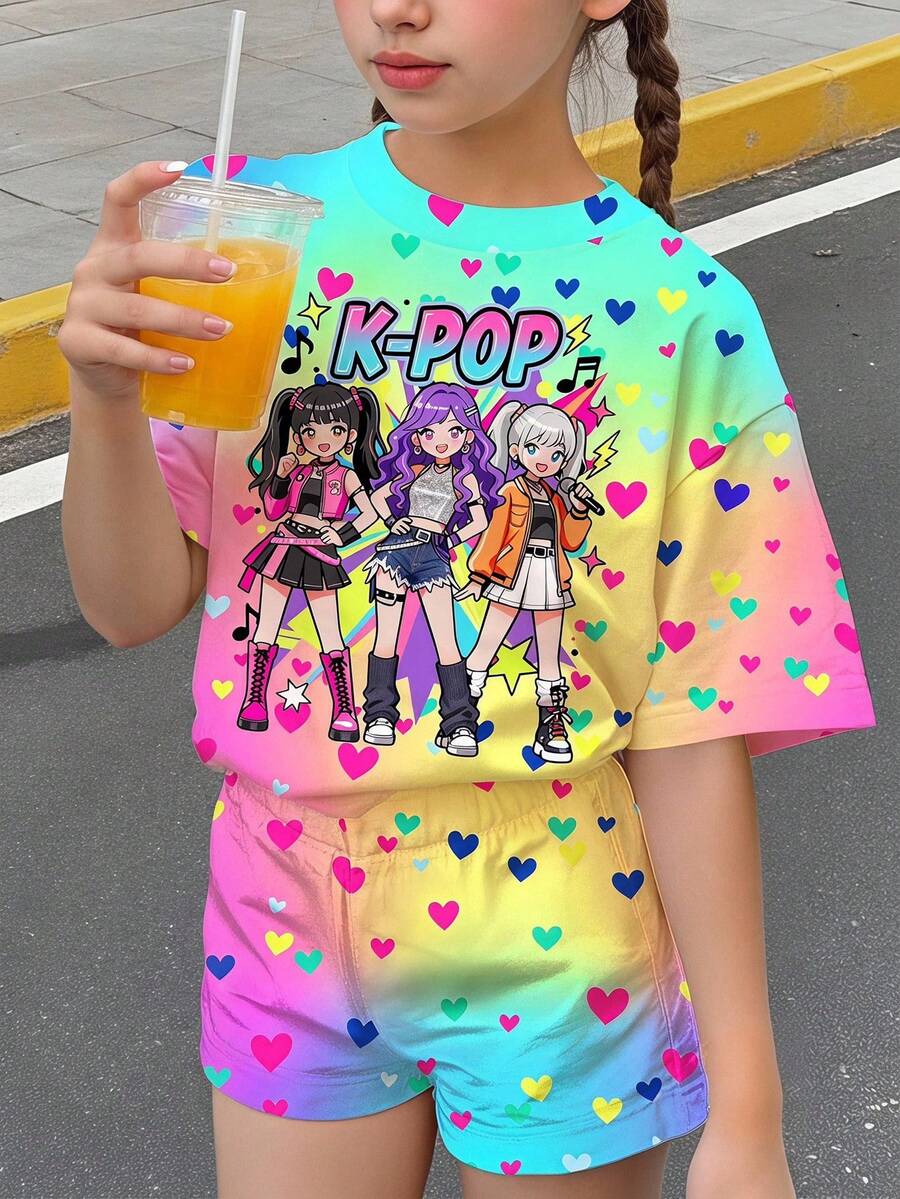 街頭時尚彩色霓虹K-Pop女孩圖案,青少年女孩休閒舒適圓領短袖T恤與短褲兩件套,適合春/夏日常、外出、校園、運動、返校日,甜美女孩風,時尚 - 彩色 - 查看 1