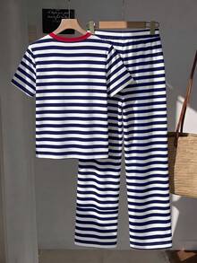 SHEIN EZwear 休閒極簡風兩件套櫻桃條紋印花圓領短袖上衣與條紋印花長褲，適合日常通勤、聚會、秋冬春夏、聖誕節、新年、感恩節、派對、婚禮、海灘、畢業典禮、優雅、外出、約會、通勤、情人節、優雅、度假、Y2K、畢業典禮等場合 - 彩色 - 查看 2
