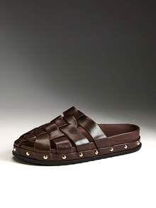 Solezae 女士复古罗马风格编织平底套脚木屐 - 咖啡棕 - 查看 6