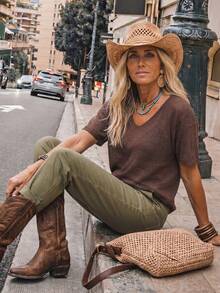 LanaWest Women's Solid Color V-Neck Casual Boho Daily Short Sleeve Knit Top Vacation Dark Brown Summer - Brown - View 4