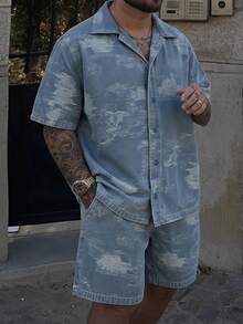 DAZY Men's Plus Size Short Sleeve Single-Breasted Shirt And Shorts Casual Denim Set Summer - Blue - View 4