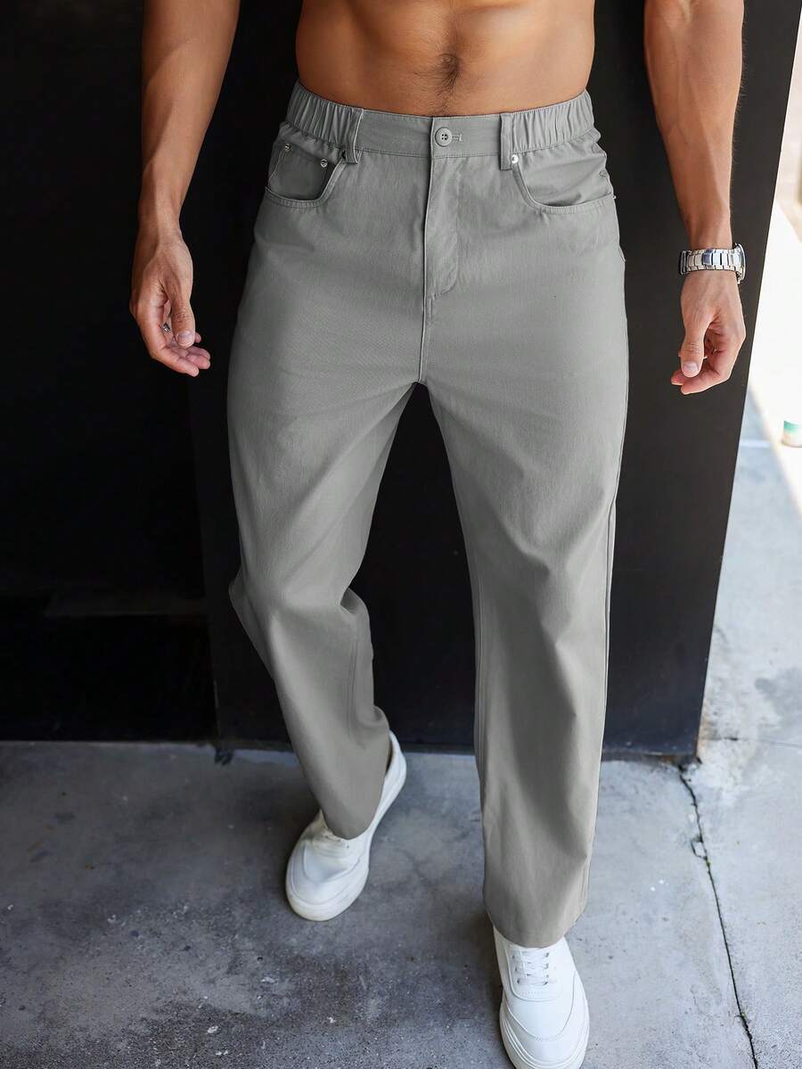 Manfinity Homme Men's Solid Color Patch Pocket Relaxed Fit Casual Pants, Fall - Light Grey - View 1