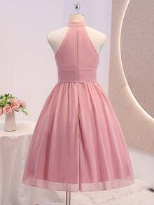 Tween Girls Elegant Back To School Party Wedding Pink Chiffon Halter Neck Hi Waist Cinched Dress - Pink - View 5
