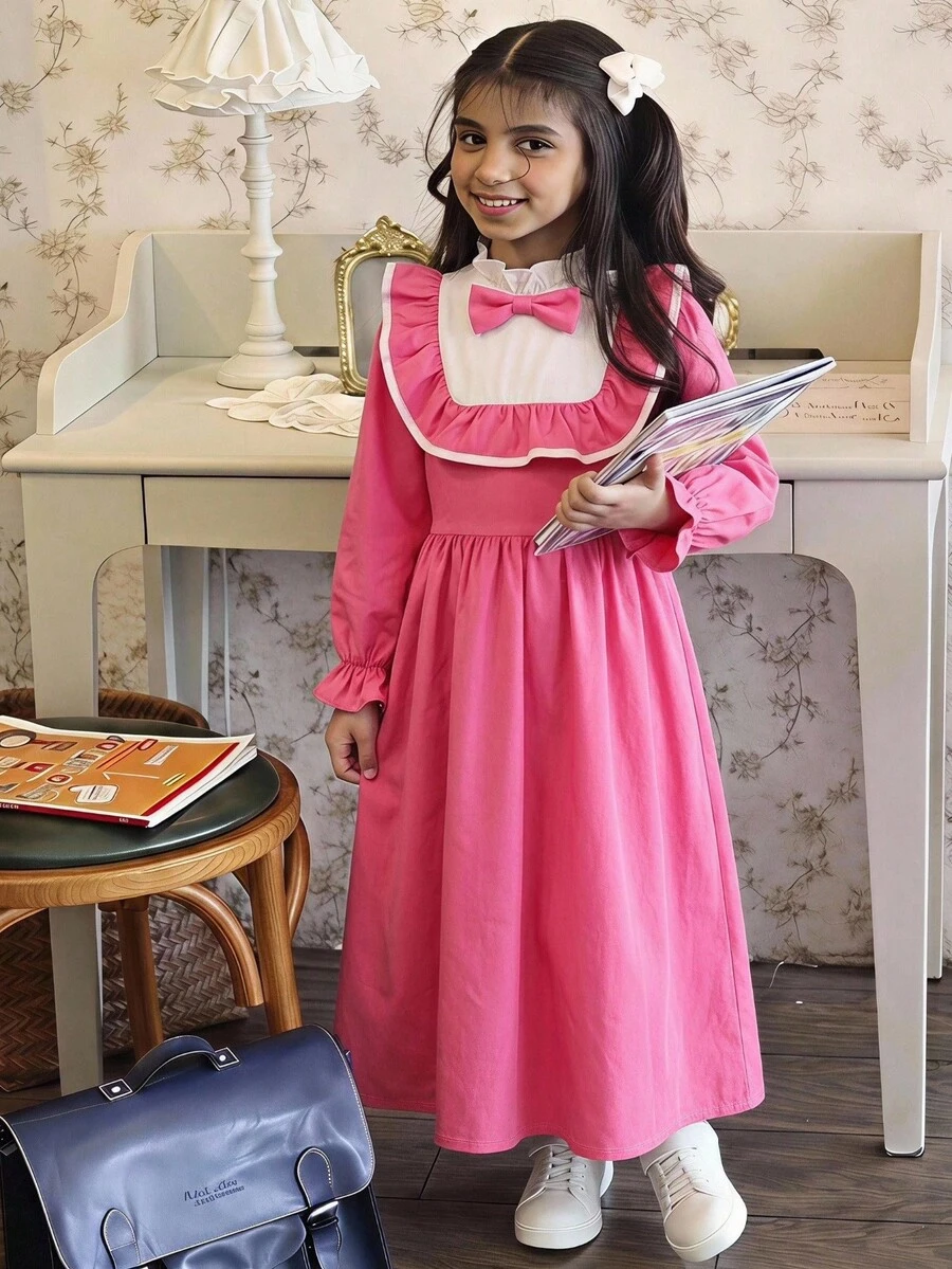 SHEIN Young Girls DRMZ Young Girl Bowknot Decor Patchwork Ruffle Long Sleeve Cute Safari Dress Back-To-School School Autumn - Multicolor - View 1