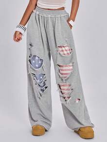 ROMWE Spring/Summer Y2K Hot Girl Street Music Festival Sports Festival Distressed Patchwork American Flag Print Loose Wide Leg Low Waist Sweatpants Long - Grey - View 5
