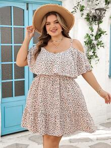 SHEIN CURVE+ 大尺碼 US22 音樂節海邊度假波西米亞風女款花卉露肩荷葉邊下擺洋裝，沙灘度假裙，波西米亞風夏季度假穿搭 - 杏色 - 查看 7