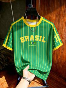 Manfinity Campus Court 復西隊風格黃綠色垂直條紋拼色足球短袖上衣，美國 BRASIL #10 印花圓領 T 恤，男女款圖案 T 恤，男士時尚休閒運動球衣，足球用品 - 彩色 - 查看 3