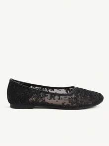 CUCCOO CHICEST Branches And Leaves Embroidered Round Toe Flats, Gentle Style Mesh Yarn Low Vamp Shoes, Commuting Dating Breathable Women's Shoes - Black - View 3