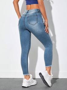 SHEIN PETITE High Waist Raw Hem Skinny Jeans ,Petite Women - Medium Wash - View 2
