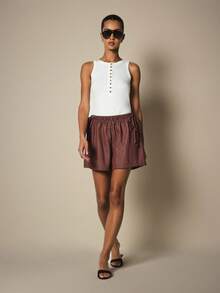 KSTM Linen Feel Drawstring Waist Loose Fit Mini Shorts With Elastic Waistband Side Tie Detail Summer Casual Holiday Vacation Burgundy - Brown - View 5