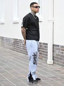 Devon Thys 男士 Y2K 休闲拼色字母和星星印花灰色抽绳腰部运动裤，男友礼物，圣诞礼物，街头潮流长款宽松喇叭形拼色运动裤，适合老公，适合狂欢 - 灰色 - 查看 3