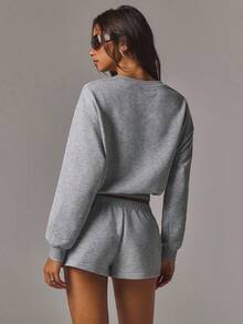 Athîral Women's Casual V-Neck Light Grey Solid Color Long Sleeved Loose Top Hoodie And Shorts Two Pieces Set Basic Versatile Daily Dating Outfit Lounge Fall - Grey - View 2
