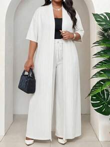SHEIN Lady Plus Size Elegant Solid Color Front Open Short Sleeve Jacket And Drawstring Waist Pants 2-Piece Set, Summer Tea Party Vacation White - White - View 6