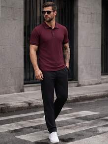 Manfinity CasualCool 男士紋理鈕扣半開襟短袖 Polo 衫 - 酒紅色 - 查看 6