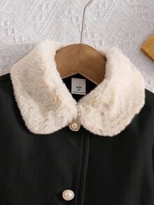 SHEIN Emery Rose Kids 女童秋冬百搭時尚羊毛拼接毛絨領中長版繫帶大衣，保暖內裡羊毛外套，秋冬外套 - 黑色 - 查看 5