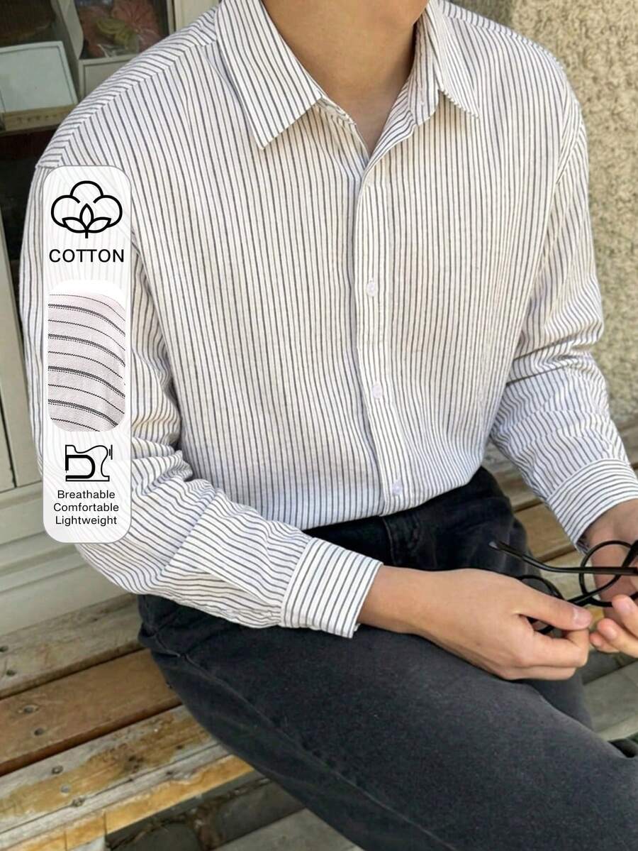 DAZY 男士長袖條紋通勤襯衫 - 白色 - 查看 1