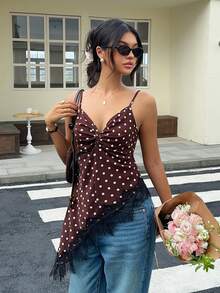 Serisse Women's Brown And White Polka Dot Contrast Lace Asymmetric Hem Cami Tank Top Night Out Sexy Summer Formal Business Chic Back To School - Brown - View 5