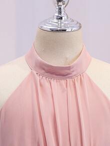 Tween Girls Elegant Back To School Party Wedding Pink Chiffon Halter Neck Hi Waist Cinched Dress - Pink - View 9