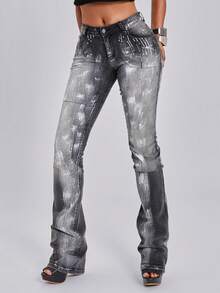 ACID BLVD Fall Y2K Hot Street Style Rhinestone Sequin Embroidered Pocket Distressed Washed Ultra Low Waist Straight Leg Slim Fit Bootcut Jeans - Black - View 1