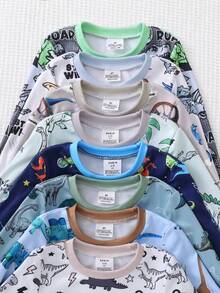 SHEIN 【8套隨機發送2套】小男孩睡衣套裝 卡通恐龍印花 長袖長褲 針織修身家居服睡衣套裝 - 彩色 - 查看 3