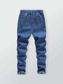 SHEIN Mirajuku 青少年男童弹力腰抽绳百搭简约休闲舒适修身浅灰色牛仔裤，适合秋冬季学校、校园、学院风穿着。 - 深色水洗藍 - 查看 2